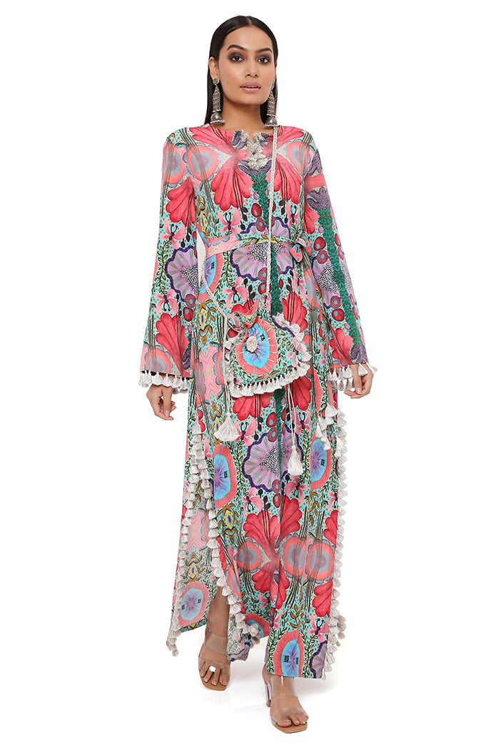 PINK ENCHANTED PRINT CREPE LONG BEYZA KAFTAN