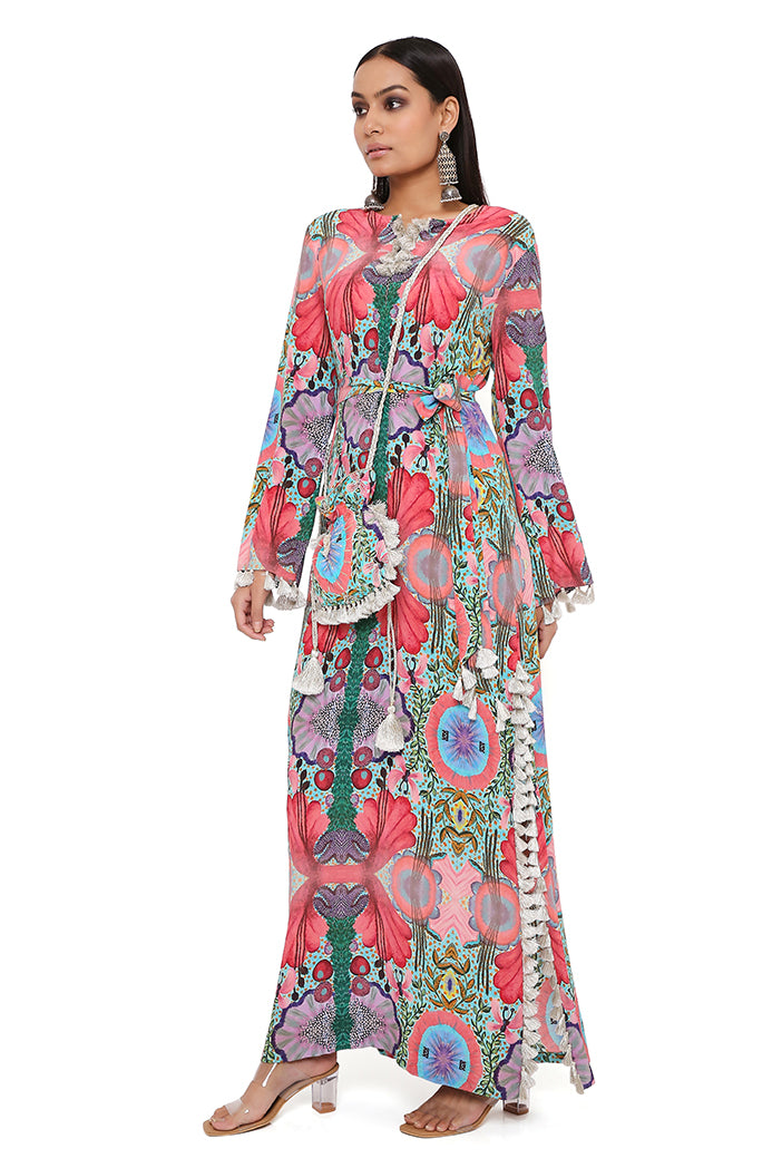 PINK ENCHANTED PRINT CREPE LONG BEYZA KAFTAN