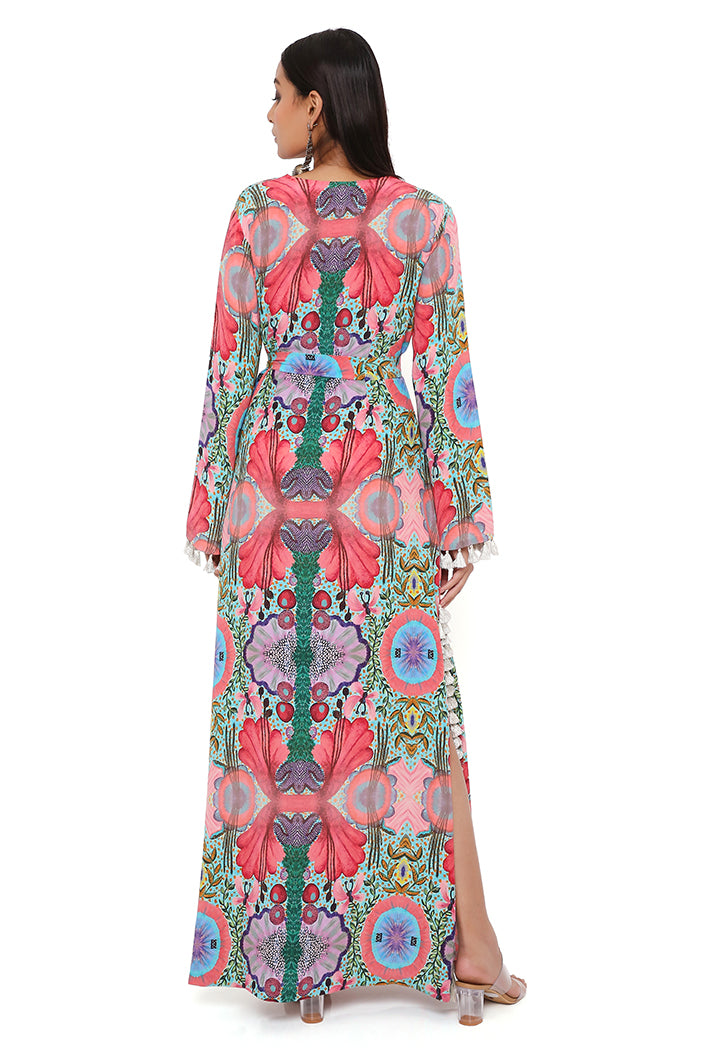 PINK ENCHANTED PRINT CREPE LONG BEYZA KAFTAN