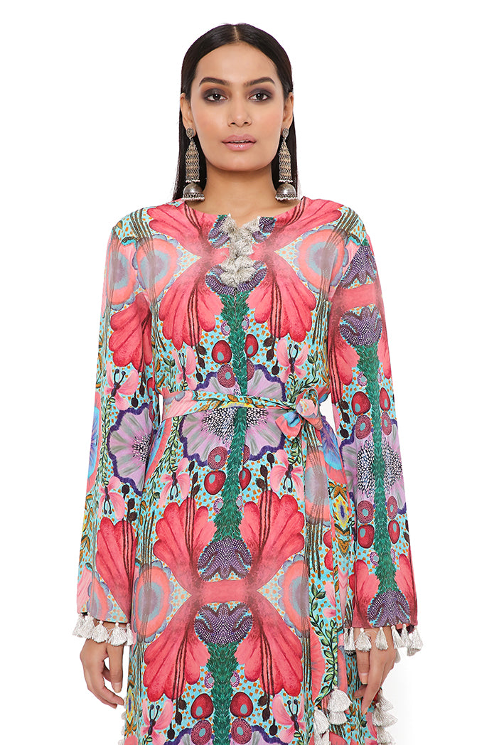 PINK ENCHANTED PRINT CREPE LONG BEYZA KAFTAN