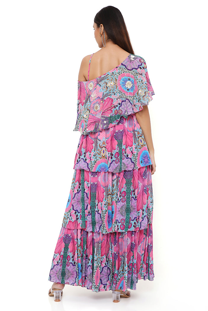 PINK ENCHANTED PRINT GEORGETTE EMBROIDERED ONE SHOULDER CAPE WITH A BUSTIER AND FRILL SHARARA
