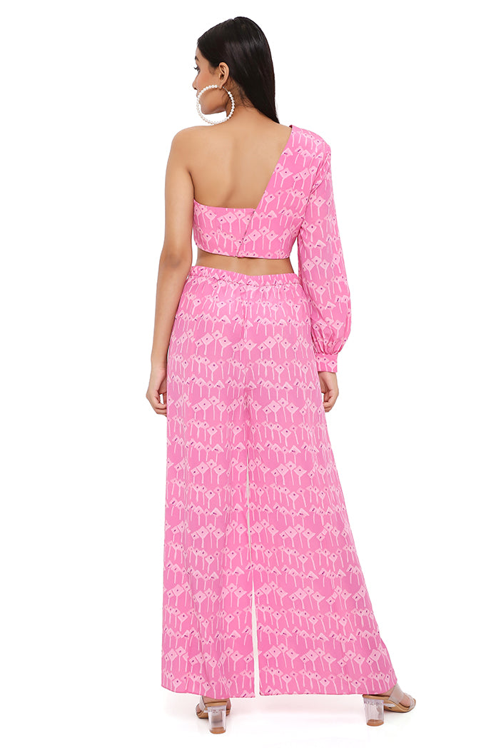 PINK KITE PRINT CREPE ONE SHOULDER TOP WITH PALAZZO