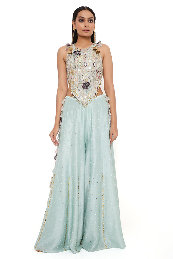 POWDER BLUE GEORGETTE EMBROIDERED CHOLI WITH ABLA SILK SHARARA