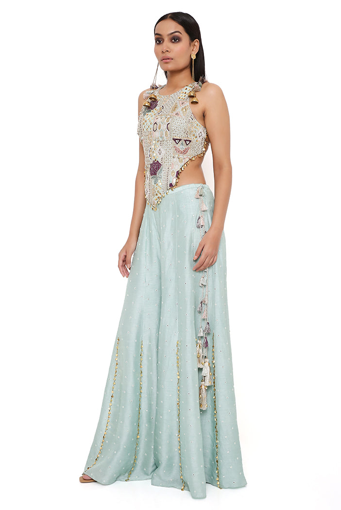 POWDER BLUE GEORGETTE EMBROIDERED CHOLI WITH ABLA SILK SHARARA
