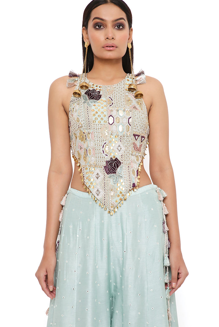 POWDER BLUE GEORGETTE EMBROIDERED CHOLI WITH ABLA SILK SHARARA