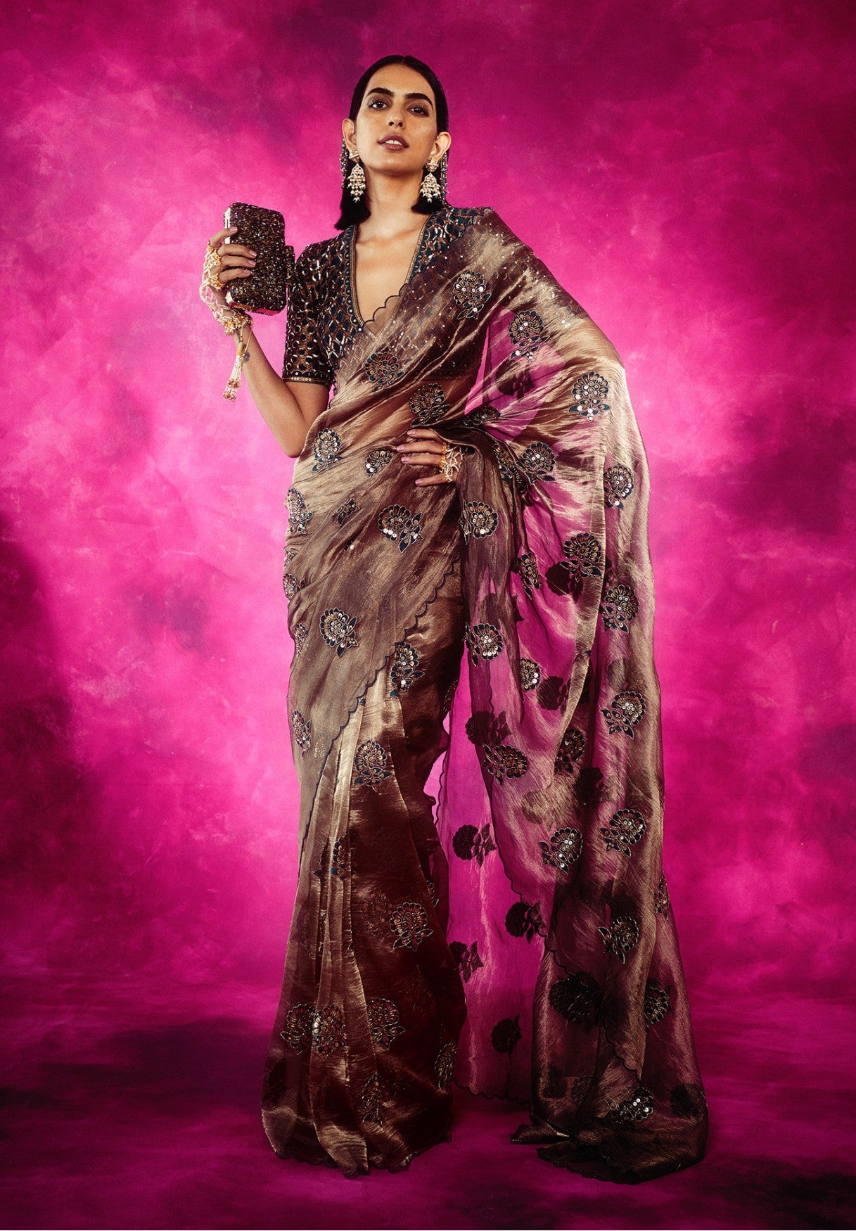 Copper Shimmer Organza Saree Set