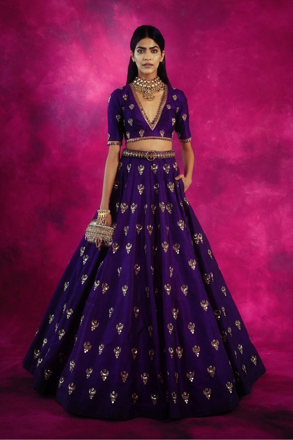Purple Chand Boota Crop Top Skirt Set