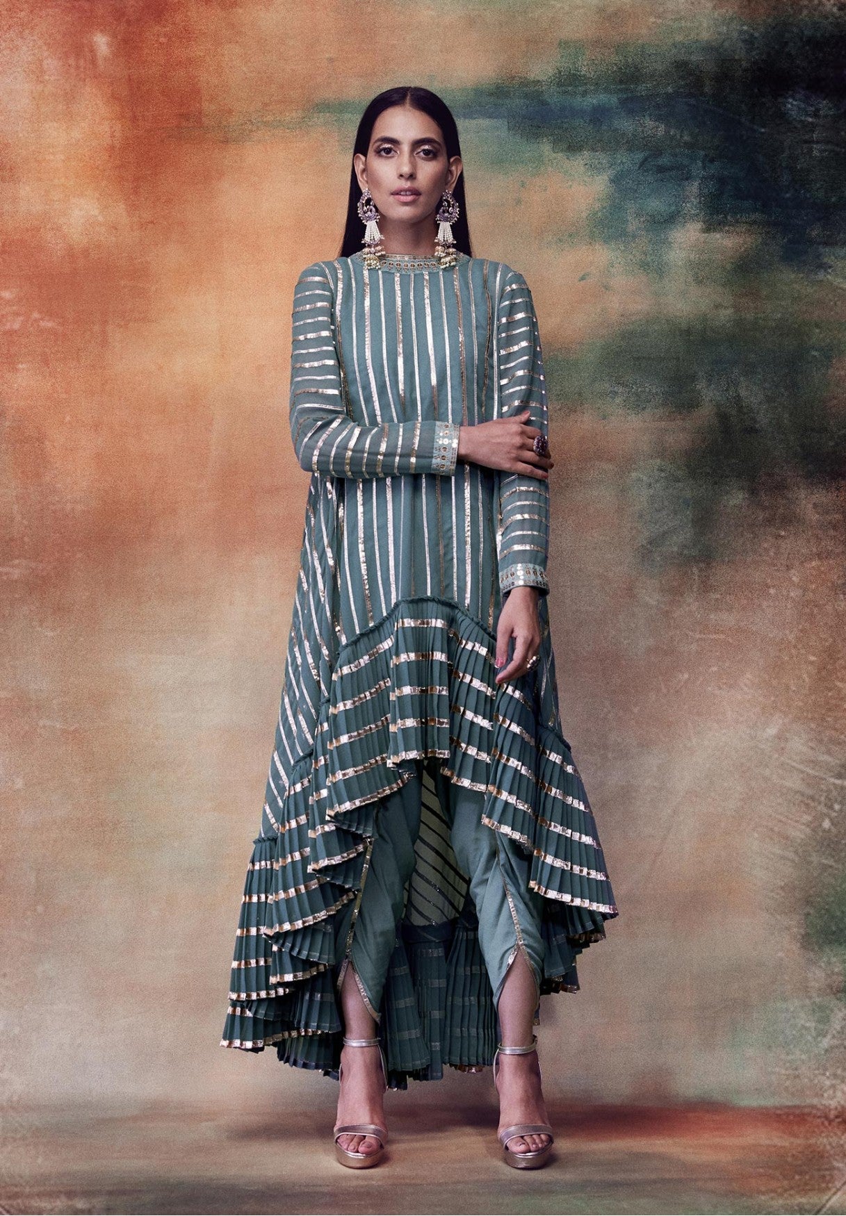 Mud Green High Low Kurta & Dhoti Set