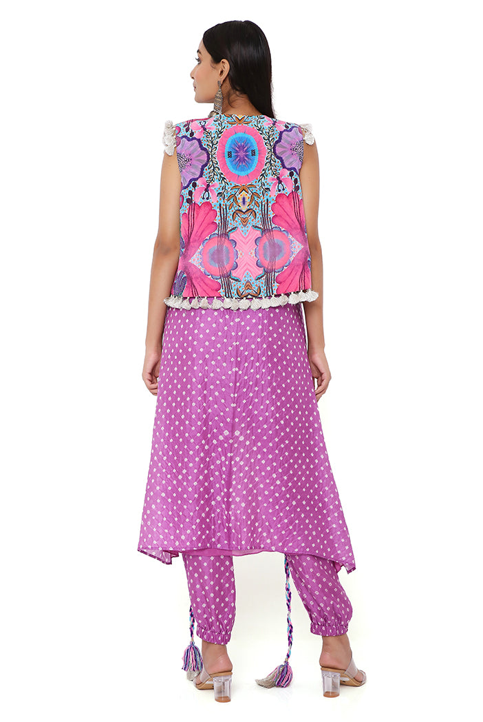 PURPLE BANDHANI SILK EMBROIDERED HIGH LOW KURTA WITH JOGGER PANTS AND PINK ENCHANTED PRINT CREPE JACKET
