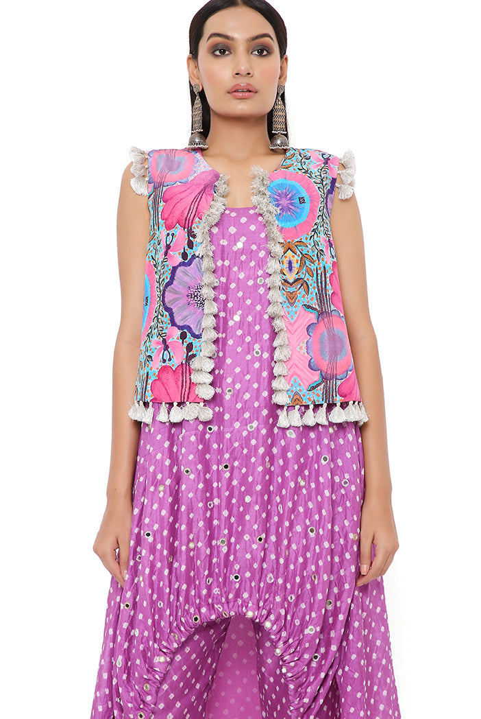 PURPLE BANDHANI SILK EMBROIDERED HIGH LOW KURTA WITH JOGGER PANTS AND PINK ENCHANTED PRINT CREPE JACKET