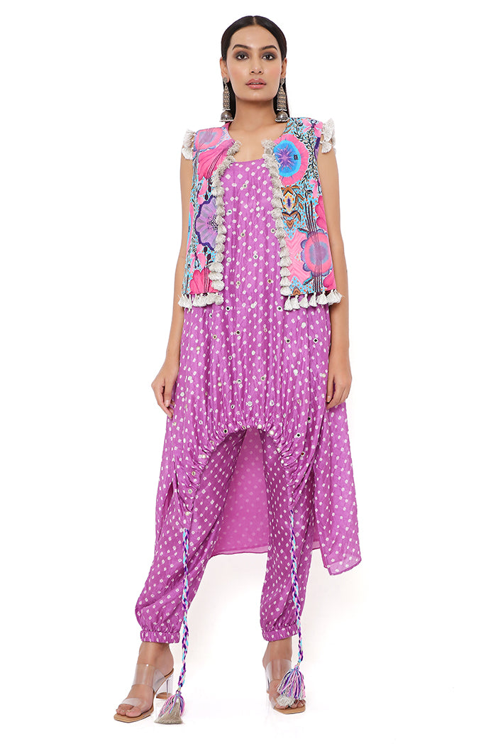 PURPLE BANDHANI SILK EMBROIDERED HIGH LOW KURTA WITH JOGGER PANTS AND PINK ENCHANTED PRINT CREPE JACKET