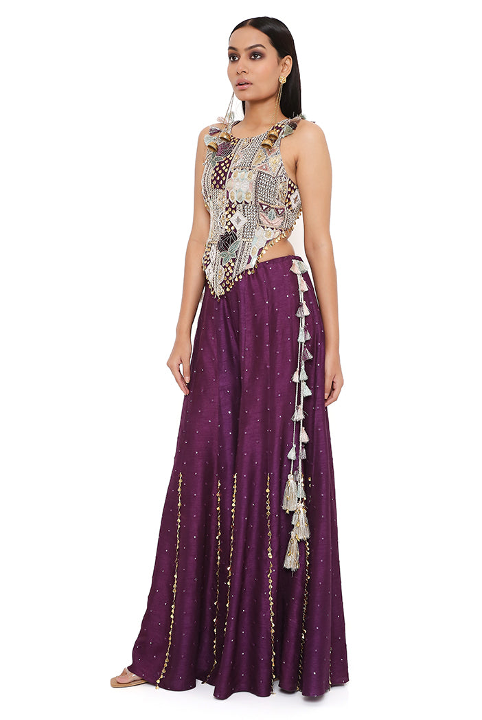 PURPLE GEORGETTE EMBROIDERED CHOLI WITH ABLA SILK SHARARA