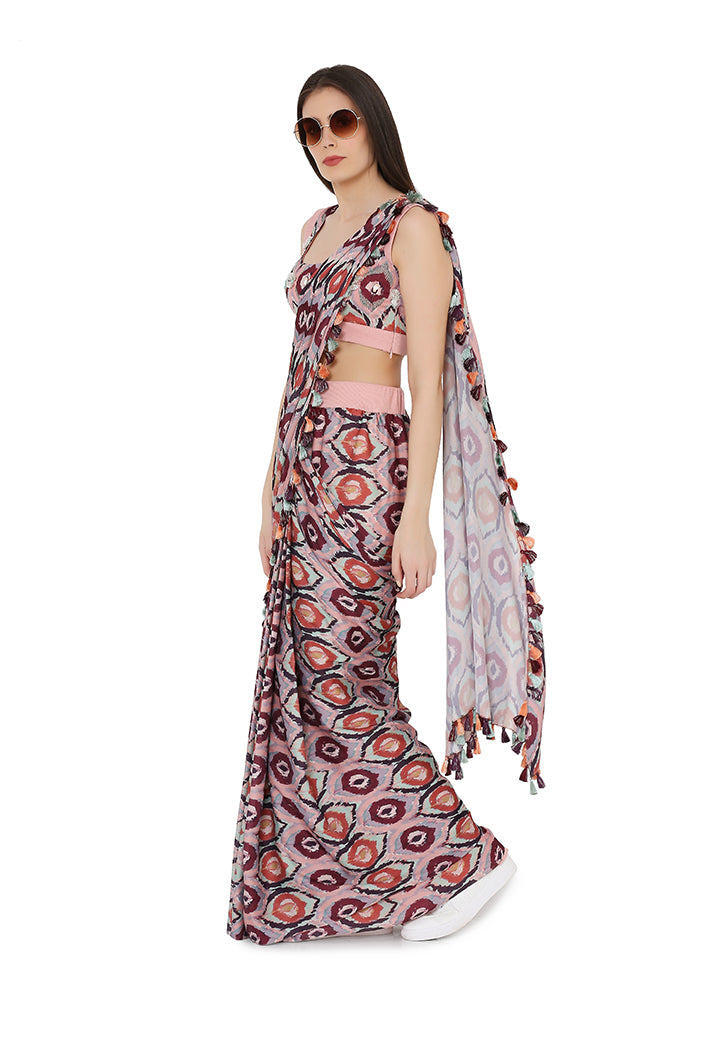 RED PRINTED ART SILK STITCHED SAREE