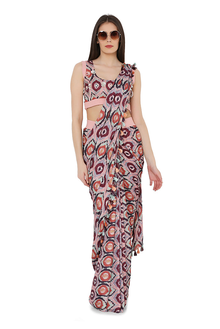 RED PRINTED ART SILK STITCHED SAREE