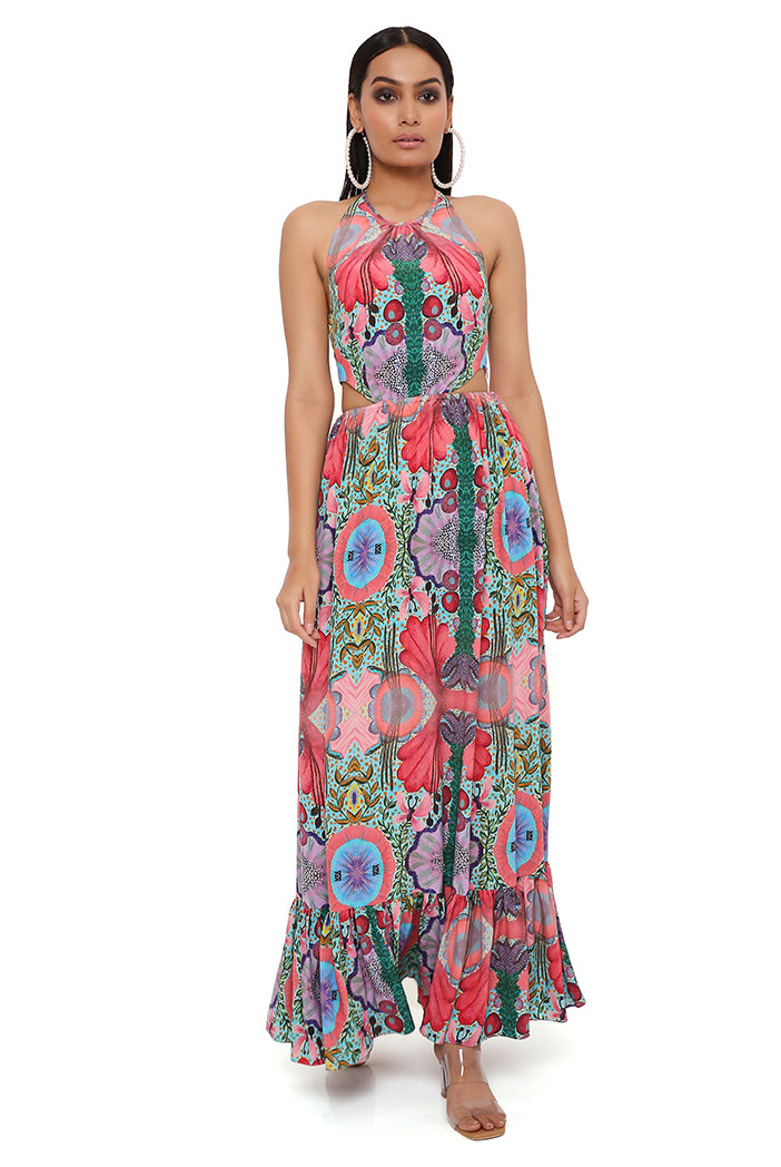 RED ENCHANTED PRINT CREPE CUT-OUT DRESS