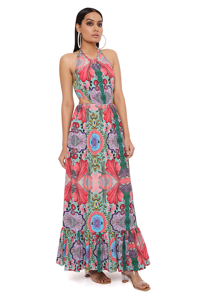 RED ENCHANTED PRINT CREPE CUT-OUT DRESS