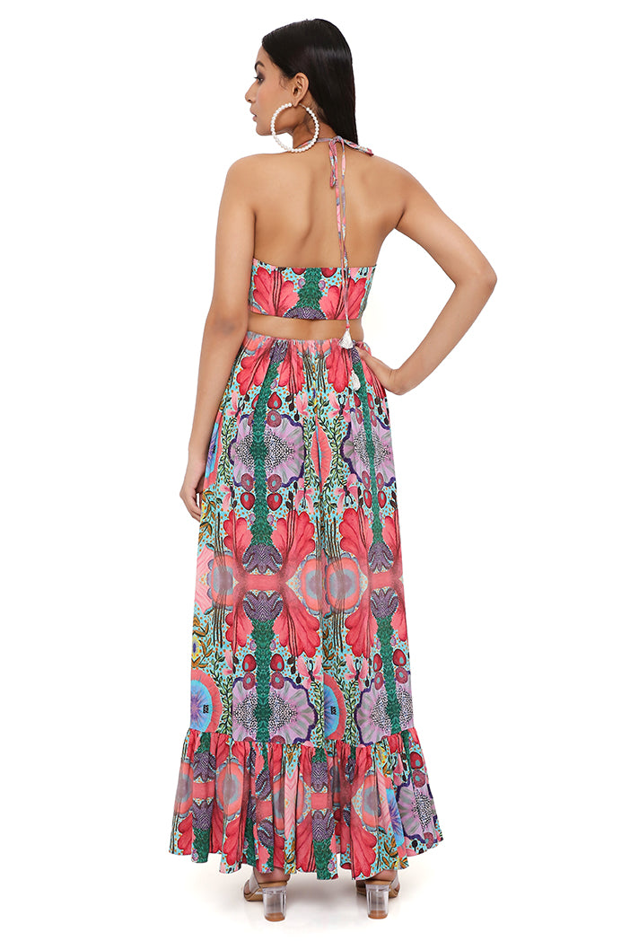 RED ENCHANTED PRINT CREPE CUT-OUT DRESS