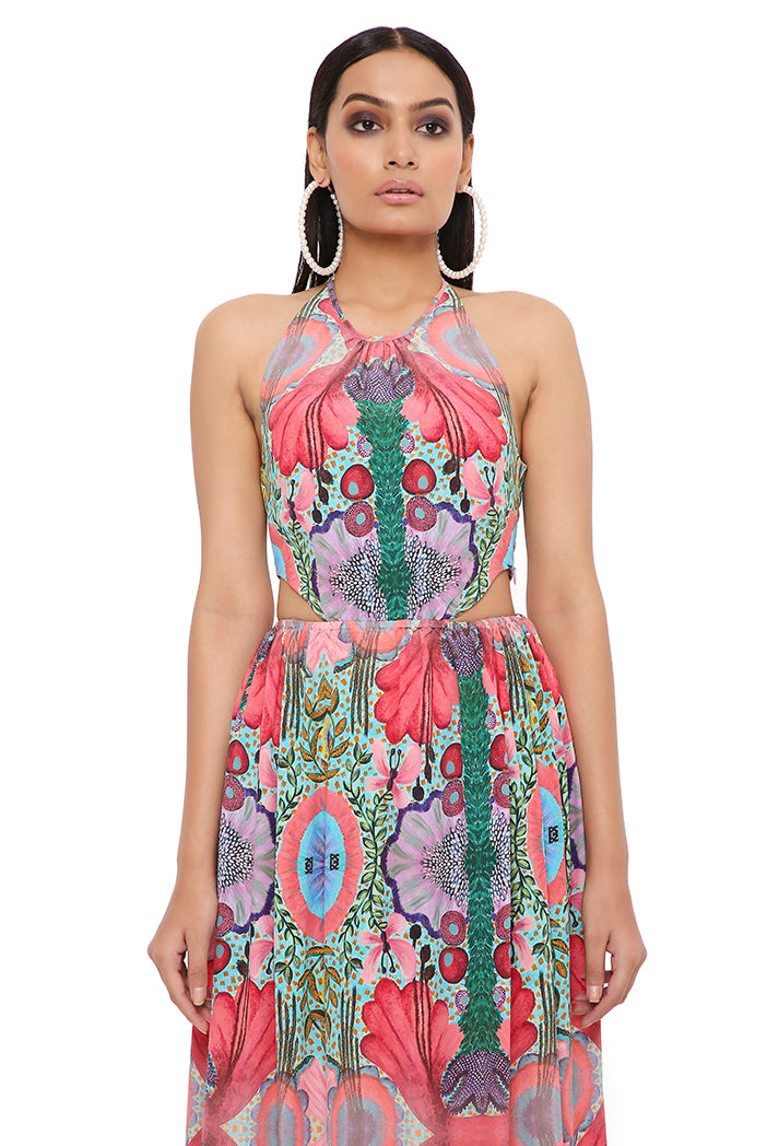 RED ENCHANTED PRINT CREPE CUT-OUT DRESS