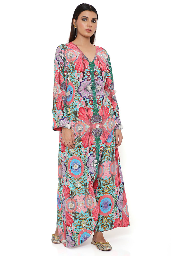 RED ENCHANTED PRINT CREPE EMBROIDERED KURTA WITH CROPPED PALAZZO