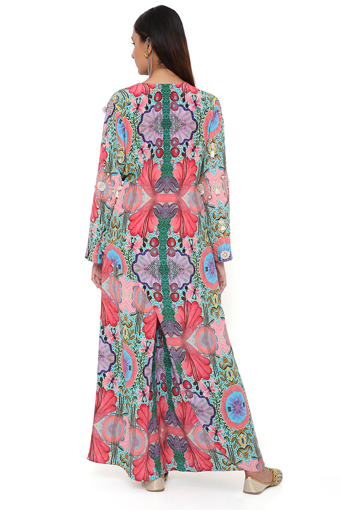 RED ENCHANTED PRINT CREPE EMBROIDERED KURTA WITH CROPPED PALAZZO