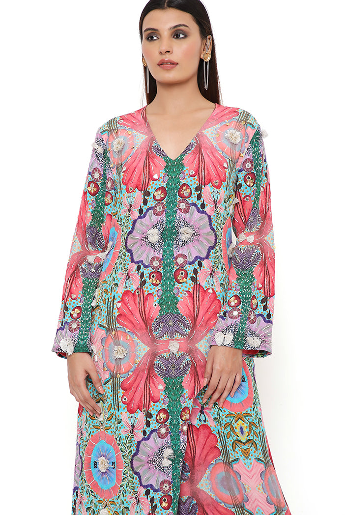 RED ENCHANTED PRINT CREPE EMBROIDERED KURTA WITH CROPPED PALAZZO