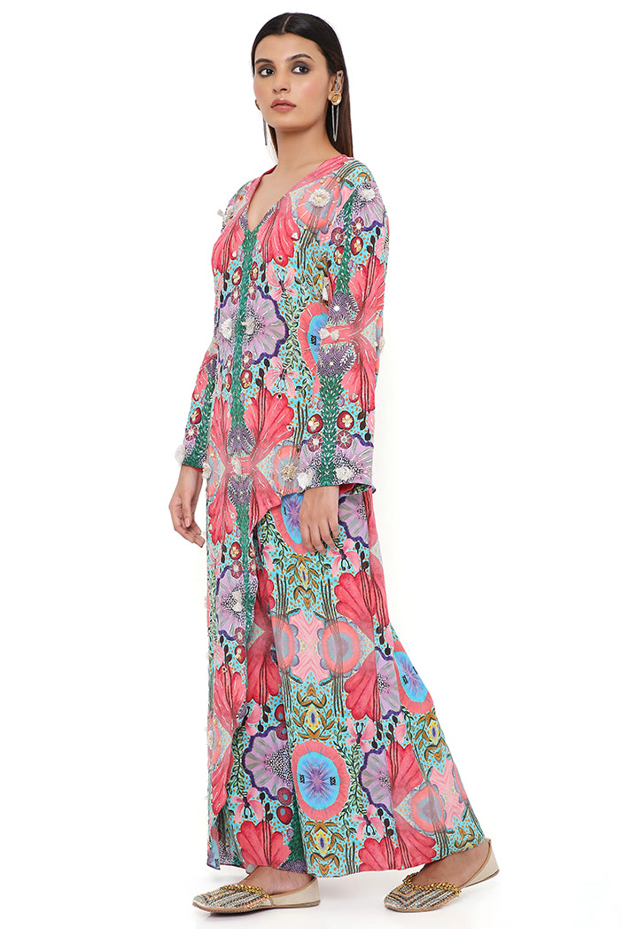 RED ENCHANTED PRINT CREPE EMBROIDERED KURTA WITH CROPPED PALAZZO