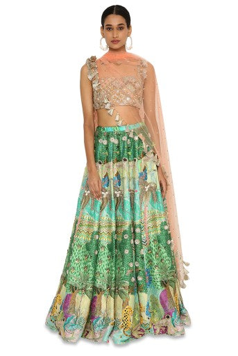 Ruba Peach Colour Embroidered Bustier With Printed Dupion Embroidered Lehenga With Peach Colour Dupatta