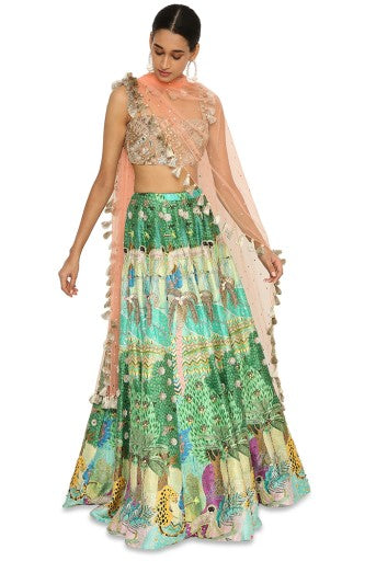 Ruba Peach Colour Embroidered Bustier With Printed Dupion Embroidered Lehenga With Peach Colour Dupatta