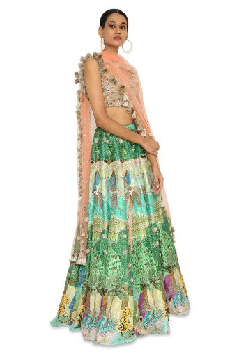 Ruba Peach Colour Embroidered Bustier With Printed Dupion Embroidered Lehenga With Peach Colour Dupatta