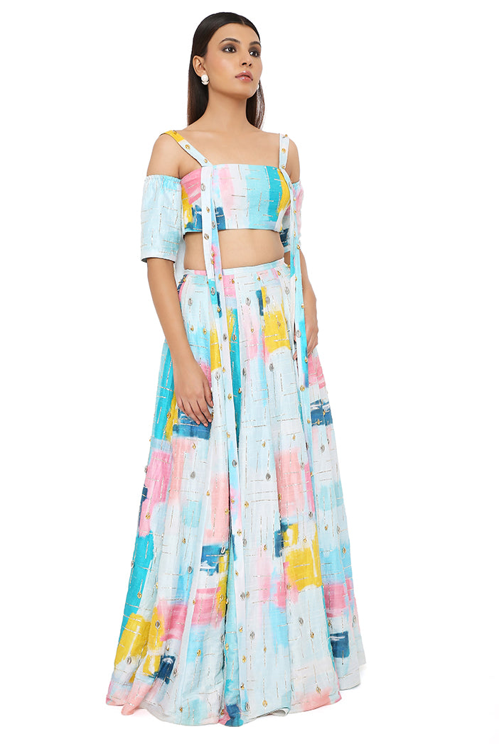 SANDRO PAINTERLY DUPION SILK PRINTED EMBROIDERED TOP WITH LEHENGA