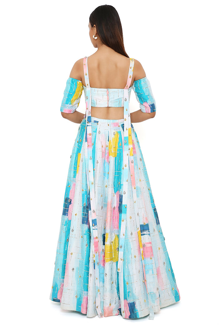 SANDRO PAINTERLY DUPION SILK PRINTED EMBROIDERED TOP WITH LEHENGA