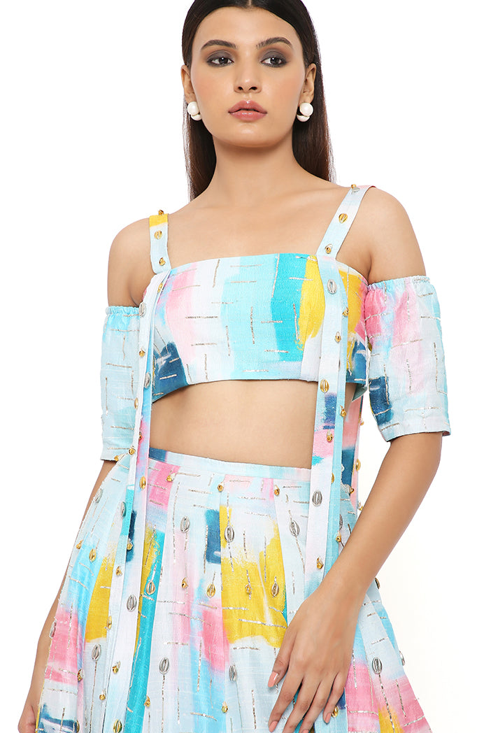 SANDRO PAINTERLY DUPION SILK PRINTED EMBROIDERED TOP WITH LEHENGA