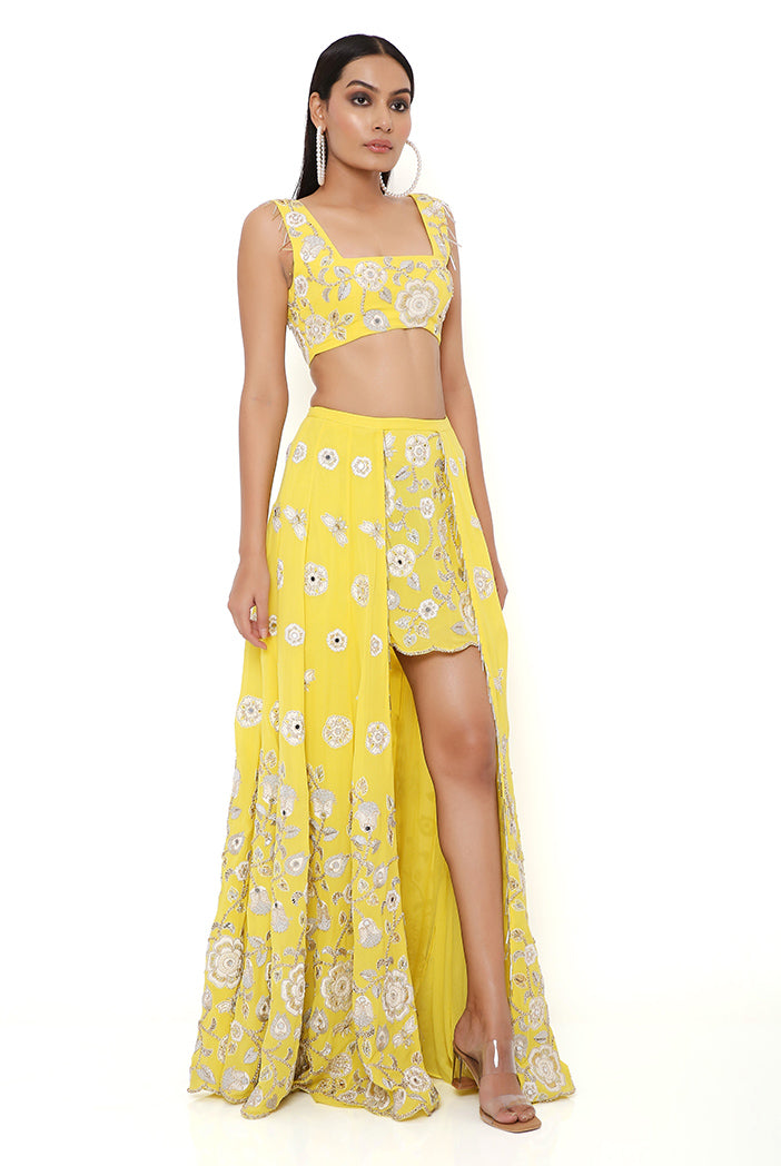 SARAH YELLOW GEORGETTE EMBROIDERED TOP AND SKIRT MUKAISH NET DUPATTA