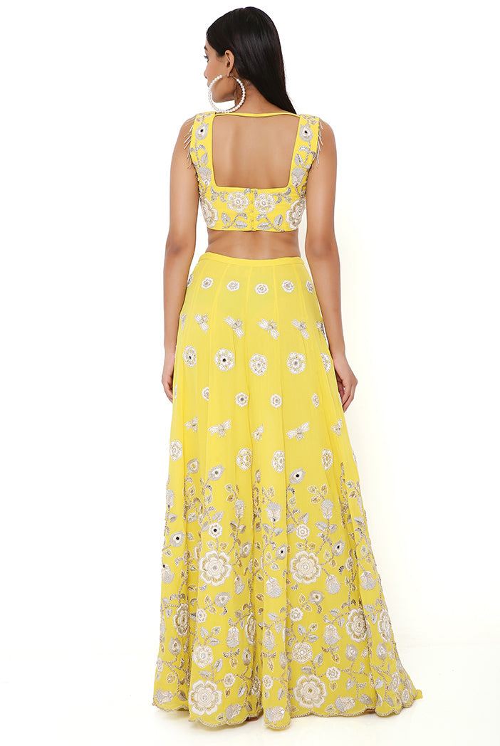 SARAH YELLOW GEORGETTE EMBROIDERED TOP AND SKIRT MUKAISH NET DUPATTA