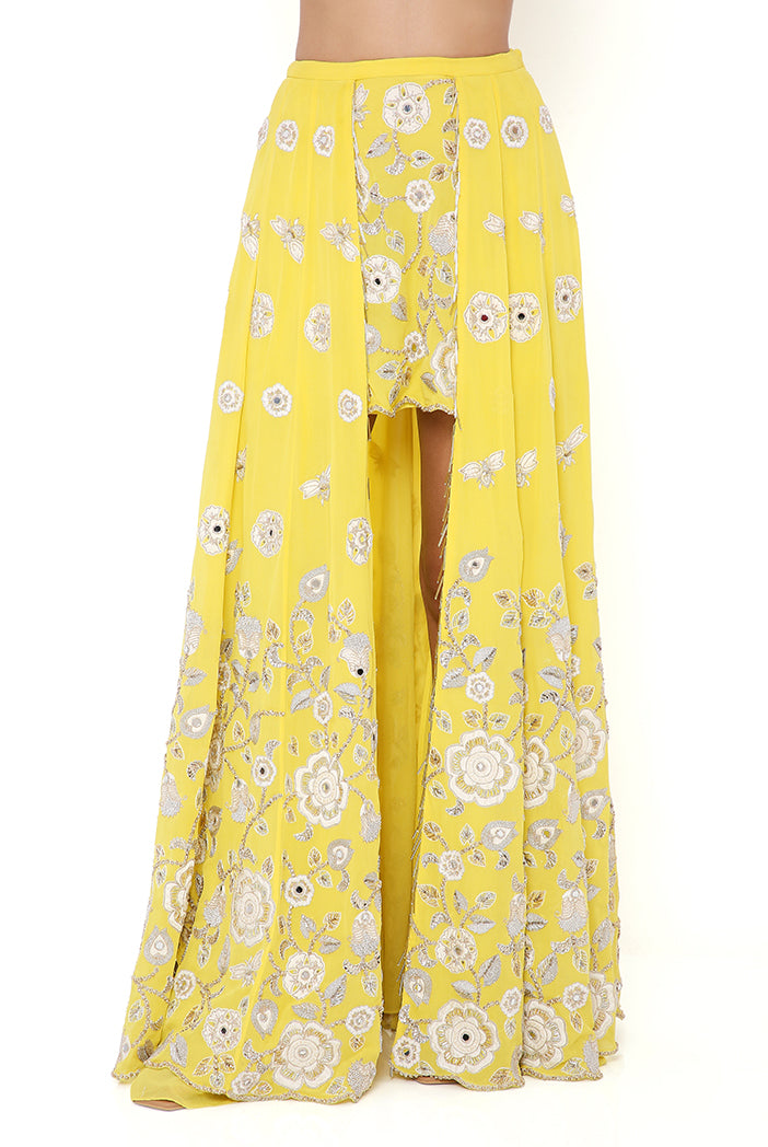 SARAH YELLOW GEORGETTE EMBROIDERED TOP AND SKIRT MUKAISH NET DUPATTA