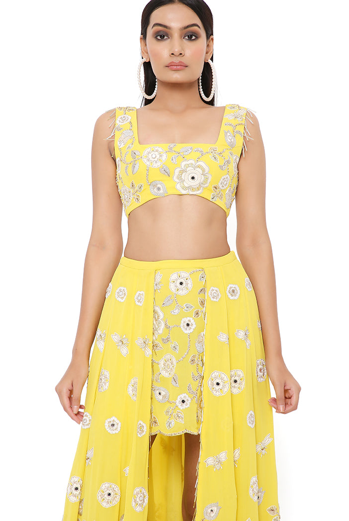 SARAH YELLOW GEORGETTE EMBROIDERED TOP AND SKIRT MUKAISH NET DUPATTA