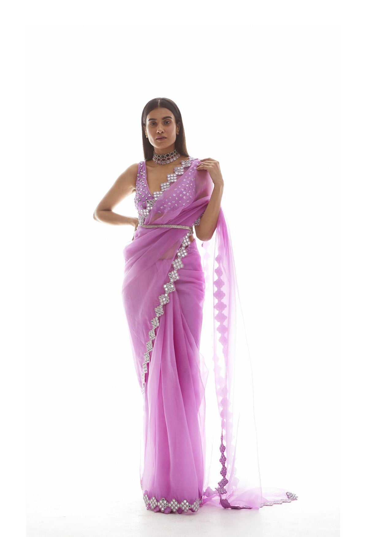 Mauve Organza Mirror Border Saree