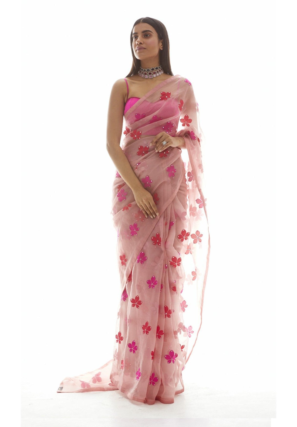 Dusty Rose Applique Organza Saree Set