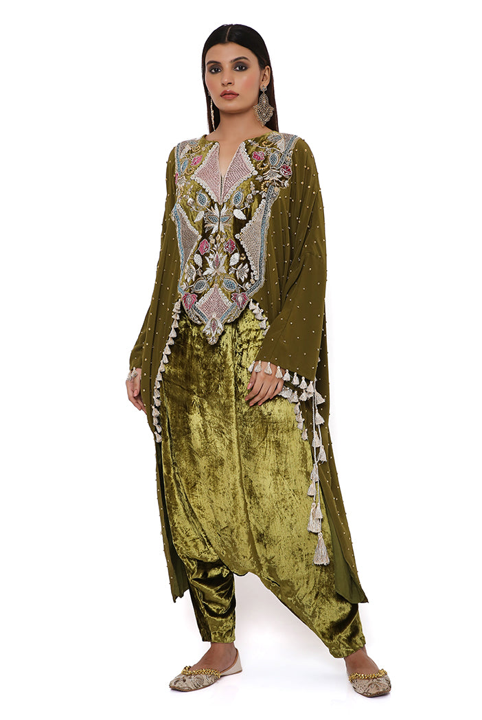 SHIRIN OLIVE CREPE EMBROIDERED HIGH LOW KAFTAN AND VELVET LOW CROTCH PANTS