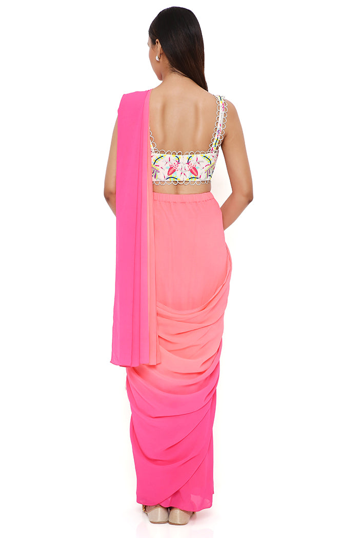 STONE GEORGETTE EMBROIDERED BUSTIER WITH CORAL AND PINK GEORGETTE SHADED SAREE