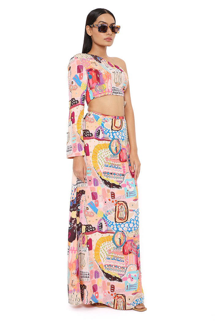 TAMARA TRANCE CREPE PRINT EMBROIDERED SIDE TIE-UP CHOLI WITH A SKIRT