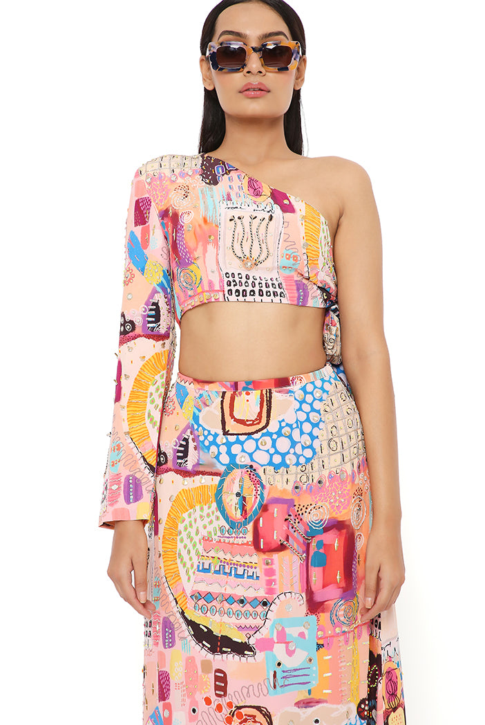 TAMARA TRANCE CREPE PRINT EMBROIDERED SIDE TIE-UP CHOLI WITH A SKIRT