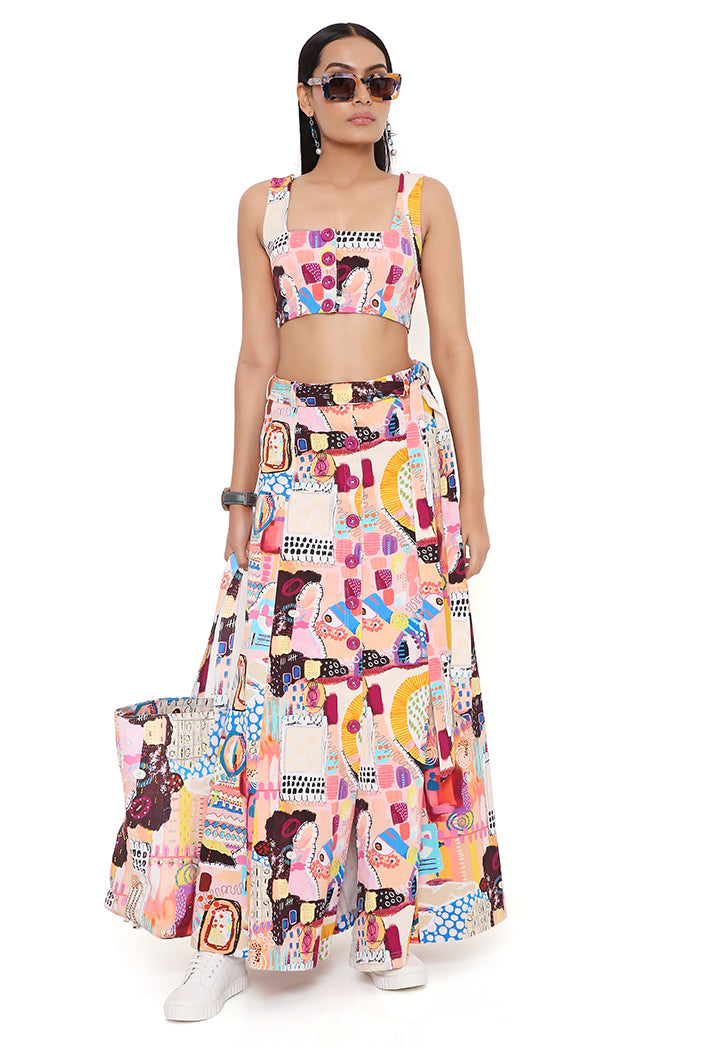 TRANCE PRINT DENIM TOP AND SKIRT WITH A TIE-UP