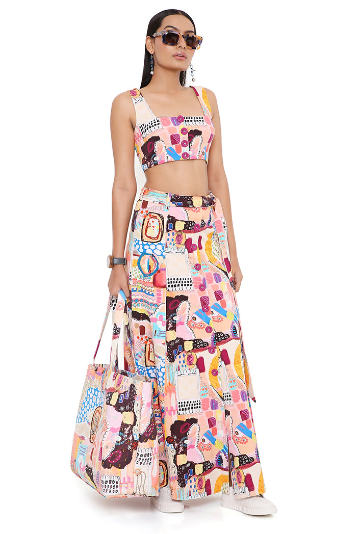 TRANCE PRINT DENIM TOP AND SKIRT WITH A TIE-UP