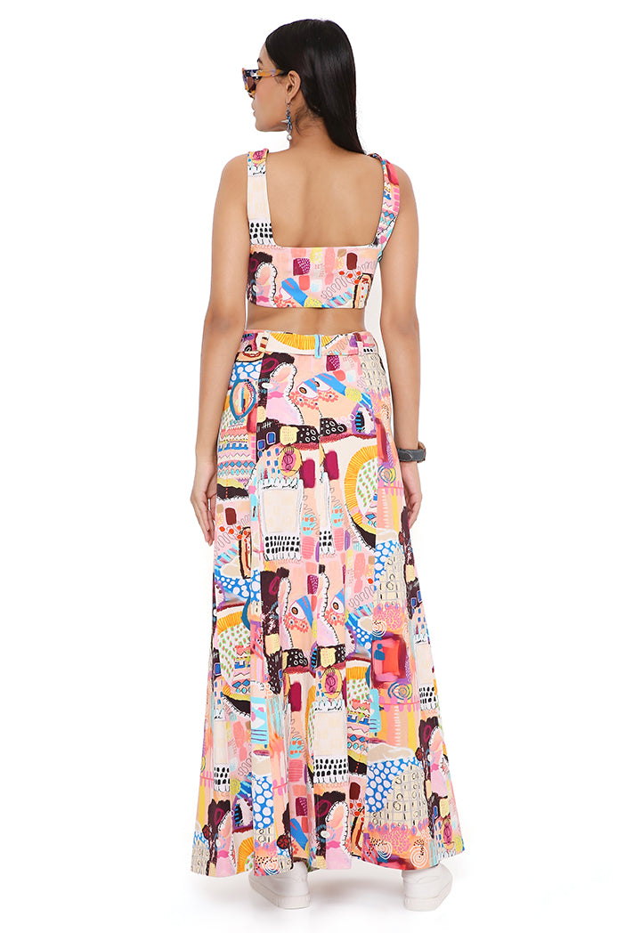 TRANCE PRINT DENIM TOP AND SKIRT WITH A TIE-UP