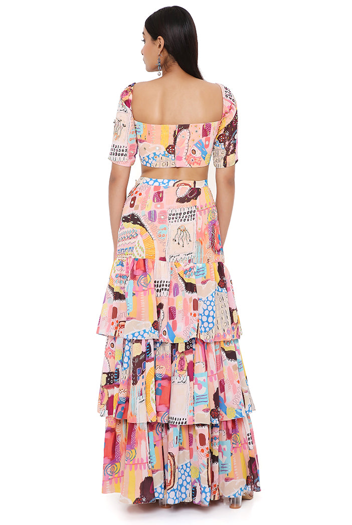 TRANCE PRINT GEORGETTE EMBROIDERED TOP WITH LAYERED FRONT SLIT SKIRT