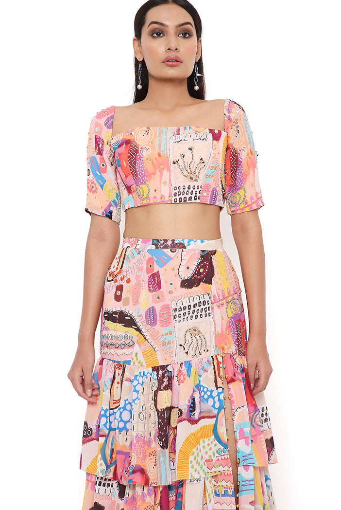 TRANCE PRINT GEORGETTE EMBROIDERED TOP WITH LAYERED FRONT SLIT SKIRT