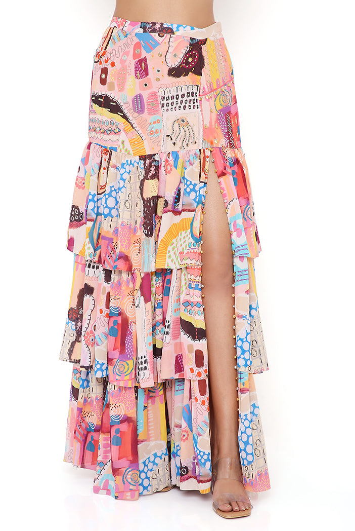 TRANCE PRINT GEORGETTE EMBROIDERED TOP WITH LAYERED FRONT SLIT SKIRT