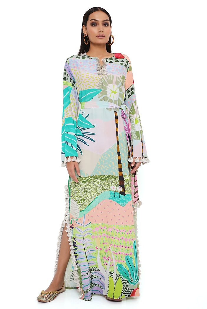 TROPICAL PRINT CREPE LONG BEYZA KAFTAN