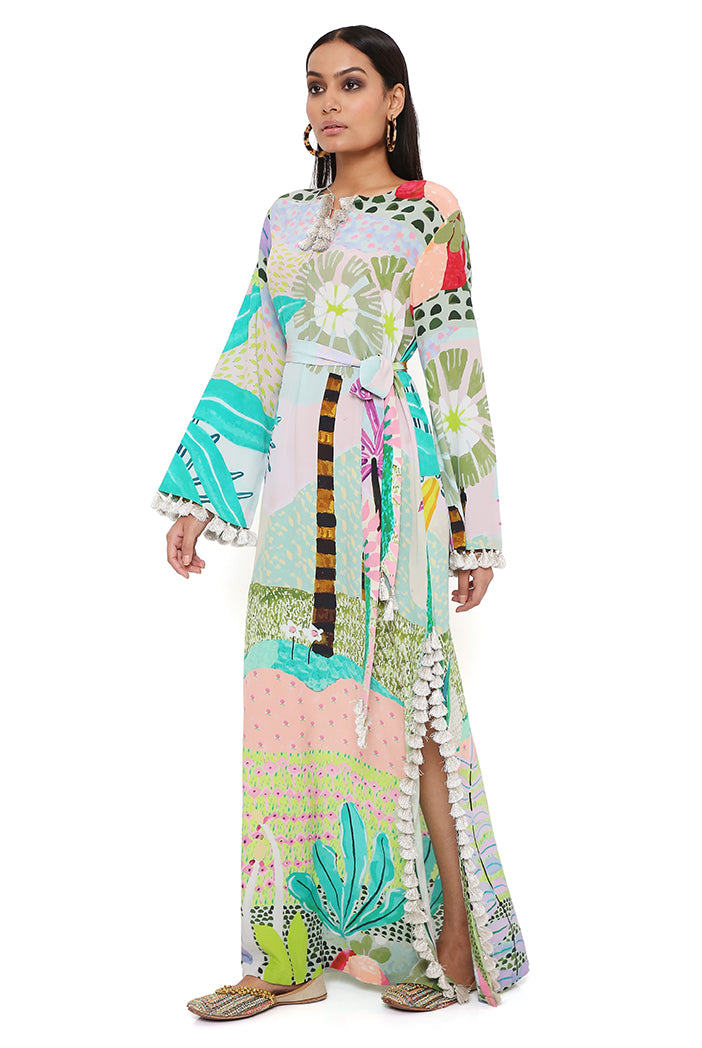 TROPICAL PRINT CREPE LONG BEYZA KAFTAN